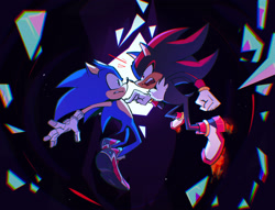 Size: 2048x1562 | Tagged: safe, artist:mintybagels, shadow the hedgehog, sonic the hedgehog, sonic prime, abstract background, clenched teeth, duo, duo male, frown, looking at each other, male, males only, mid-air, mouth open, paradox prism, pointing, shattered crystal