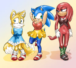 Size: 1377x1223 | Tagged: safe, artist:krazyelf, knuckles the echidna, miles "tails" prower, sonic the hedgehog, 2014, abstract background, cleavage, dress, female, females only, gender swap, smile, standing, team sonic, trio, trio female