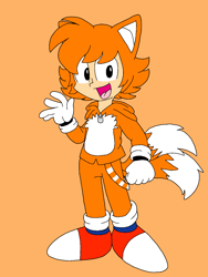 Size: 1080x1440 | Tagged: safe, artist:gold-contribution-66, miles "tails" prower, human, child, classic tails, clenched fist, flat colors, fox ears, fox tail, humanized, looking at viewer, mouth open, ms paint, orange background, simple background, smile, solo, standing, waving, zip