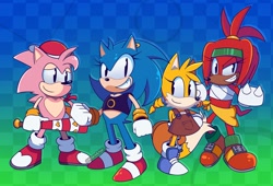Size: 2048x1391 | Tagged: safe, artist:kitareartist, amy rose, knuckles the echidna, miles "tails" prower, sonic the hedgehog, sonic origins, 2022, abstract background, backwards cap, baseball bat, blue shoes, checkered background, classic amy, classic knuckles, classic sonic, classic tails, female, gender swap, group, male, smile, standing