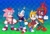 Size: 2048x1391 | Tagged: safe, artist:kitareartist, amy rose, knuckles the echidna, miles "tails" prower, sonic the hedgehog, sonic origins, 2022, abstract background, backwards cap, baseball bat, blue shoes, checkered background, classic amy, classic knuckles, classic sonic, classic sonic (universe), classic tails, female, gender swap, group, male, smile, standing