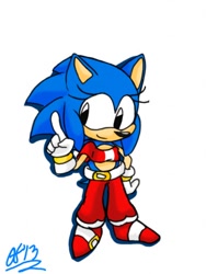 Size: 386x512 | Tagged: safe, artist:ambientpixels, sonic the hedgehog, 2013, classic sonic, female, gender swap, hand on hip, looking offscreen, pointing, signature, simple background, smile, solo, standing, white background