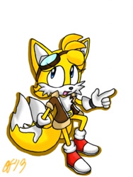 Size: 386x512 | Tagged: safe, artist:ambientpixels, miles "tails" prower, aviator jacket, belt, classic tails, eyelashes, female, gender swap, goggles, goggles on head, looking up, mouth open, pointing, signature, simple background, smile, solo, white background
