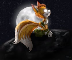 Size: 2048x1707 | Tagged: safe, artist:cyngawolf, mangey, miles "tails" prower, sonic prime, abstract background, all fours, fangs, glowing eyes, howling, moon, mouth open, nighttime, outdoors, solo, star (sky)