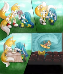 Size: 1755x2048 | Tagged: safe, artist:cyngawolf, kit the fennec, miles "tails" prower, abstract background, bouquet, chair, duo, eating, eyes closed, gay, grass, holding hands, kitails, kneeling, male, males only, movie theater, panels, shipping, sitting, smile, surfing, table, walking