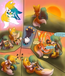 Size: 1755x2048 | Tagged: safe, artist:cyngawolf, kit the fennec, miles "tails" prower, abstract background, crying, duo, gay, grass, holding them, kitails, male, males only, mind control, regret, sad, shadowed face, shipping, sleeping, sparkles, sunset, tears, tears of sadness, zzz