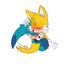 Size: 1200x1200 | Tagged: safe, artist:cyngawolf, kit the fennec, miles "tails" prower, blushing, duo, eyes closed, flat colors, gay, holding each other, hugging, kitails, shipping, simple background, smile, white background, wrapped in tails