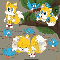 Size: 2000x2000 | Tagged: safe, artist:cyngawolf, flicky, miles "tails" prower, bird, aged down, ambiguous gender, beige background, berry, clenched teeth, flapping, flat colors, group, headcanon, male, nest, signature, simple background, standing, tree, younger