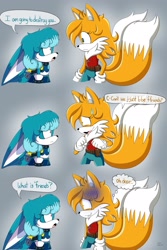 Size: 1365x2048 | Tagged: safe, artist:cyngawolf, kit the fennec, miles "tails" prower, oc, oc:hurrikit, oc:tailsko (tasp), dialogue, duo, duo female, english text, female, females only, frown, gender swap, gradient background, looking at each other, shrunken pupils, speech bubble, standing, sweatdrop, thought bubble