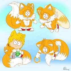 Size: 2000x2000 | Tagged: safe, artist:cyngawolf, miles "tails" prower, human, 2022, abstract background, barely sonic related, chaos emerald, cosplay, crossover, flying, frown, holding something, kenny mccormick, looking at viewer, looking down, ring, signature, sitting, solo, south park, spinning tails, v sign