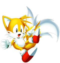 Size: 1812x1885 | Tagged: safe, editor:taeko, miles "tails" prower, classic tails, clenched fist, falling, mid-air, mobius.social exclusive, mouth open, pointing, simple background, solo, transparent background, yellow fur