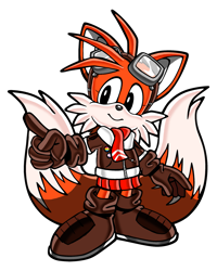 Size: 2321x2907 | Tagged: safe, artist:taeko, miles "tails" prower, aviator jacket, badge, brown gloves, brown shoes, eyelashes, female, goggles, goggles on head, looking at viewer, looking offscreen, mobius.social exclusive, modern tails, orange fur, pansexual, pointing, pride pin, redesign, scarf, simple background, skirt, smile, solo, standing, trans female, transgender, transparent background, uekawa style