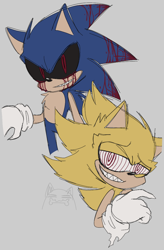 Size: 720x1100 | Tagged: semi-grimdark, artist:azulen21, sonic the hedgehog, oc, oc:sonic.exe, 2022, black sclera, blood, bone, clenched teeth, duo, fleetway super sonic, grey background, looking at viewer, red eyes, sharp teeth, simple background, smile, super form