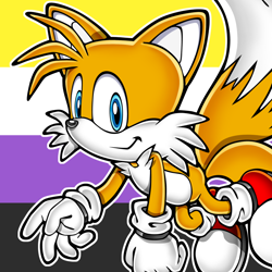 Size: 1000x1000 | Tagged: safe, artist:sth-lgbtq, editor:sth-lgbtq, miles "tails" prower, edit, icon, looking at viewer, modern tails, nonbinary, nonbinary pride, outline, pride flag, pride flag background, smile, solo