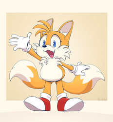 Size: 1800x1940 | Tagged: safe, artist:yellowhellion, miles "tails" prower, :3, abstract background, chest fluff, cute, eyelashes, hand up, looking at viewer, male, modern tails, mouth open, one fang, smile, solo, standing, tailabetes, waving