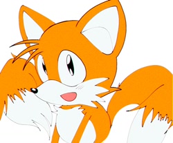 Size: 1378x1143 | Tagged: safe, artist:koasku, miles "tails" prower, sonic the ova, blushing, classic tails, looking at viewer, mouth open, simple background, solo, standing, white background