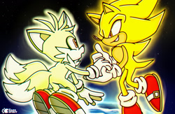 Size: 1920x1248 | Tagged: safe, artist:thechaosspirit, miles "tails" prower, sonic the hedgehog, super sonic, super tails, abstract background, clenched teeth, duo, flying, holding hands, looking at each other, mouth open, smile, sonic and tails r (series), space, super form, thumbs up