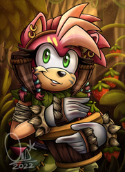 Size: 1220x1685 | Tagged: safe, artist:lordtomchips, amy rose, thorn rose, sonic prime, abstract background, clenched teeth, holding something, looking at viewer, signature, smile, solo, standing