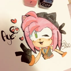 Size: 3024x3024 | Tagged: safe, artist:tinasara09, amy rose, sonic prime, :3, amybetes, black rose, blushing, cute, dialogue, english text, headscarf, heart, looking at viewer, pirate outfit, signature, skull, solo, standing, traditional media, v sign, wink