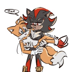 Size: 1500x1500 | Tagged: safe, artist:zevensfw, miles "tails" prower, shadow the hedgehog, carrying them, dialogue, duo, english text, gay, lidded eyes, looking at them, shadails, shipping, signature, simple background, speech bubble, standing, sweatdrop, white background