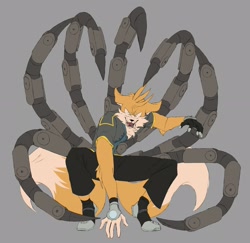 Size: 2428x2356 | Tagged: safe, artist:azuredreamrealm, miles "tails" prower, nine, sonic prime, angry, clenched teeth, fangs, floppy ears, grey background, hand on ground, looking at viewer, nine tails, simple background, solo