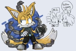 Size: 1604x1080 | Tagged: safe, artist:guiltypandas, miles "tails" prower, nine, sonic the hedgehog, sonic prime, cute, duo, eyelashes, frown, grey background, headphones, looking offscreen, musical notes, nonbinary, simple background, solo focus, sonabetes, standing, tailabetes, trans male, transgender