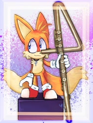 Size: 808x1067 | Tagged: safe, artist:guiltypandas, miles "tails" prower, sonic underground, abstract background, flute, holding something, looking offscreen, necklace, smile, solo, standing