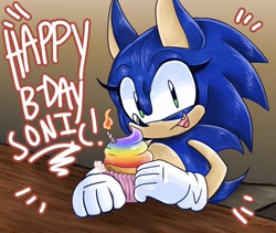 Size: 1278x1080 | Tagged: safe, artist:guiltypandas, sonic the hedgehog, abstract background, birthday, candle, cupcake, english text, eyelashes, looking at viewer, male, mouth open, sitting, solo, table, trans male, transgender