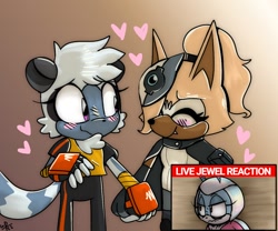 Size: 1168x970 | Tagged: safe, artist:guiltypandas, jewel the beetle, tangle the lemur, whisper the wolf, angry, blushing, duo focus, female, females only, gradient background, heart, holding hands, implied tangewel, jealously, lesbian, live reaction, looking at them, meme, meme redraw, redraw, shipping, smile, standing, tangle x whisper, trio, trio female