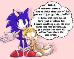 Size: 1508x1192 | Tagged: safe, artist:guiltypandas, miles "tails" prower, sonic the hedgehog, dialogue, duo, english text, eyelashes, looking offscreen, male, mouth open, nonbinary, pink background, shadow (lighting), shrunken pupils, simple background, smile, speech bubble, standing, sweatdrop, trans male, transgender