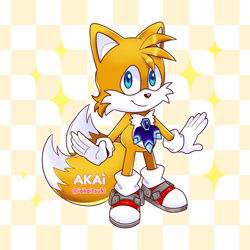 Size: 900x900 | Tagged: safe, artist:akaitsukii, miles "tails" prower, sonic adventure, 2022, abstract background, arms out, checkered background, cute, jet anklet, looking at viewer, rhythm badge, smile, solo, sparkles, standing, tailabetes