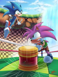 Size: 3094x4093 | Tagged: safe, artist:carlo7542, amy rose, sonic the hedgehog, 2019, abstract background, annoyed, clenched teeth, duo, female, gender swap, grass, looking at each other, male, mid-air, mouth open, piko piko hammer, pointing, signature, smile, sonic the fighters, waterfall