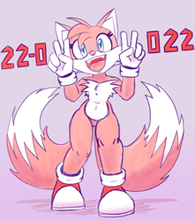 Size: 1280x1450 | Tagged: safe, artist:ninegates, miles "tails" prower, 2022, aged up, chest fluff, double v sign, eyelashes, female, gender swap, looking at viewer, mouth open, older, posing, purple background, redraw, shadow the hedgehog (video game), simple background, smile, solo, standing