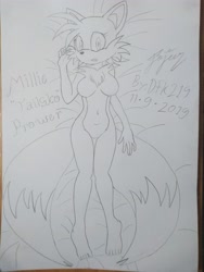 Size: 4160x3120 | Tagged: suggestive, artist:dfkyhs219, miles "tails" prower, fox, 2019, aged up, barefoot, bed, breasts, character name, chest fluff, clenched teeth, dakimakura, english text, female, gender swap, gloves off, looking at viewer, lying back, monochrome, older, pencilwork, solo, traditional media