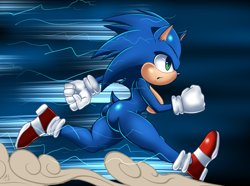 Size: 3500x2600 | Tagged: suggestive, artist:andersonicth, sonic the hedgehog, sonic the hedgehog (2020), 2019, :o, butt, clenched fists, convenient censoring, dust clouds, electricity, looking ahead, modern sonic, mouth open, running, side view, sideboob, solo