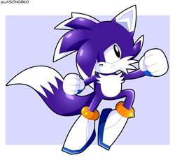 Size: 3500x3207 | Tagged: safe, artist:jasienorko, oc, oc:jasie the fox, fox, 2020, abstract background, classic style, clenched fists, colored ears, frown, gloves, looking up, male, oc only, purple fur, shoes, solo