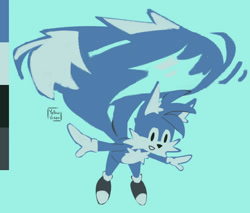 Size: 1024x871 | Tagged: safe, artist:yellowvixen, miles "tails" prower, 2023, arms out, blue background, blue fur, color swap, ear fluff, flying, looking down, mouth open, signature, simple background, solo, spinning tails