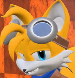 Size: 458x477 | Tagged: safe, artist:rotalice2, miles "tails" prower, 2020, abstract background, bandana, clenched teeth, close-up, faic, goggles on head, grin, lidded eyes, looking at viewer, smile, solo, tails adventure armada (fanproject)
