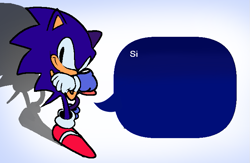 Size: 713x465 | Tagged: safe, artist:kirby-popstar, sonic the hedgehog, 2022, abstract background, arms folded, looking offscreen, meme, redraw, si (meme), smile, solo, spanish text, speech bubble, standing