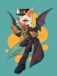 Size: 1536x2048 | Tagged: safe, artist:onlyastraa, rouge the bat, abstract background, cosplay, crossover, flipping the bird, frown, jojo's bizzare adventure, middle finger, solo