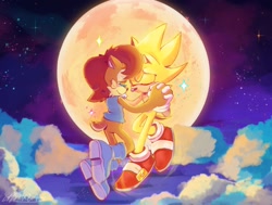 Size: 2048x1547 | Tagged: safe, artist:anouckyshim, sally acorn, sonic the hedgehog, super sonic, abstract background, duo, holding hands, shipping, sonally, straight, super form