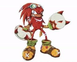 Size: 2048x1654 | Tagged: safe, artist:redezrookie, knuckles the echidna, au:sonic dynamic, bandage, clenched fists, clenched teeth, goggles, goggles on head, looking at viewer, redesign, sharp teeth, simple background, solo, standing, white background