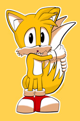 Size: 2248x3396 | Tagged: safe, artist:tylerbucket, miles "tails" prower, 2020, :o, classic tails, cute, hugging tail, looking at viewer, mouth open, outline, simple background, solo, standing, tailabetes, yellow background