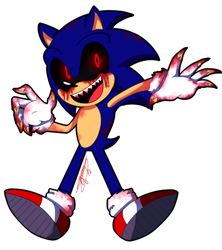 Size: 1024x1155 | Tagged: semi-grimdark, artist:gemyazz, sonic the hedgehog, oc, oc:sonic.exe, 2017, black sclera, bleeding from eyes, blood, blood splatter, claws, glowing eyes, looking offscreen, modern sonic, mouth open, red eyes, sharp teeth, signature, simple background, smile, solo, torn gloves, transparent background
