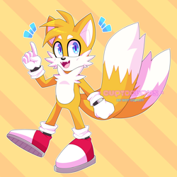 Size: 2500x2500 | Tagged: safe, artist:cupidclaws, miles "tails" prower, :3, abstract background, blushing, clenched fist, fangs, looking at viewer, mouth open, outline, pointing, smile, solo, standing on one leg, striped background