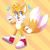 Size: 2500x2500 | Tagged: safe, artist:cupidclaws, miles "tails" prower, :3, abstract background, blushing, clenched fist, fangs, looking at viewer, mouth open, open smile, outline, pointing, smile, solo, standing on one leg, striped background, treads, watermark, white outline