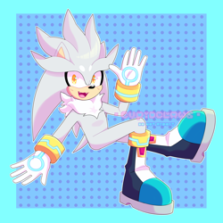 Size: 2400x2400 | Tagged: safe, artist:cupidclaws, silver the hedgehog, :3, abstract background, blushing, border, cute, fangs, flying, looking at viewer, mid-air, neck fluff, outline, silvabetes, smile, solo, waving