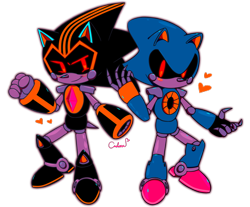 Size: 1450x1200 | Tagged: safe, artist:reinadecorazonez, metal sonic, shard the metal, black sclera, blushing, duo, heart, red eyes, robot, signature, simple background, smile, standing, transparent background