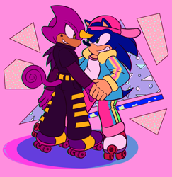 Size: 2048x2108 | Tagged: safe, artist:jennsterjay, espio the chameleon, sonic the hedgehog, 2021, 90s style, abstract background, backwards cap, duo, gay, holding hands, rollerskates, shipping, smile, sonespio, standing, tattoo