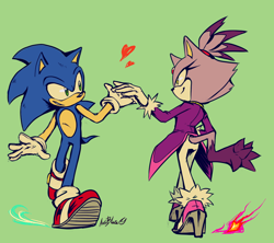 Size: 900x800 | Tagged: safe, artist:auroblaze, blaze the cat, sonic the hedgehog, duo, fire, flat colors, green background, heart, holding hands, looking at each other, shipping, signature, smile, sonaze, straight, walking, wind